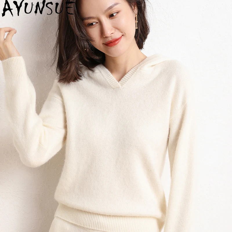 AYUNSUE Women's Real Cashmere Pollovers Winter Autumn Elegant Wool Sweater Women Clothing Hooded Outwear New Pull Femme Sqq1374