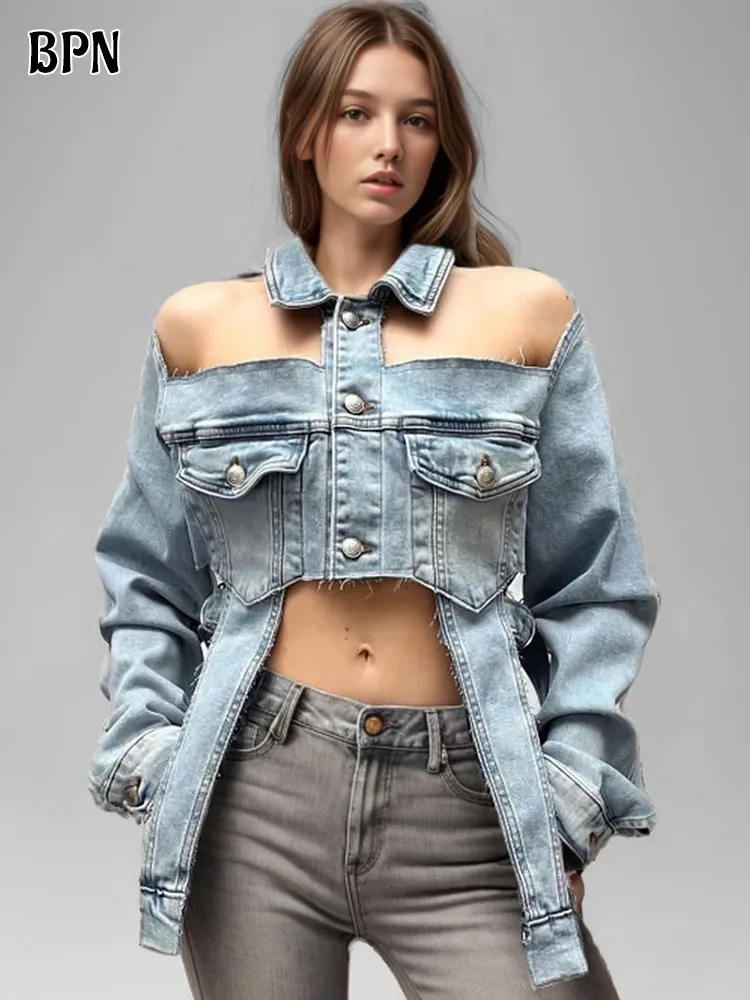 

BPN Fashion Hollow Out Denim Jackets For Women Lapel Long Sleeve Off Shoulder Patchwork Pockets Casual Short Coats Female Style