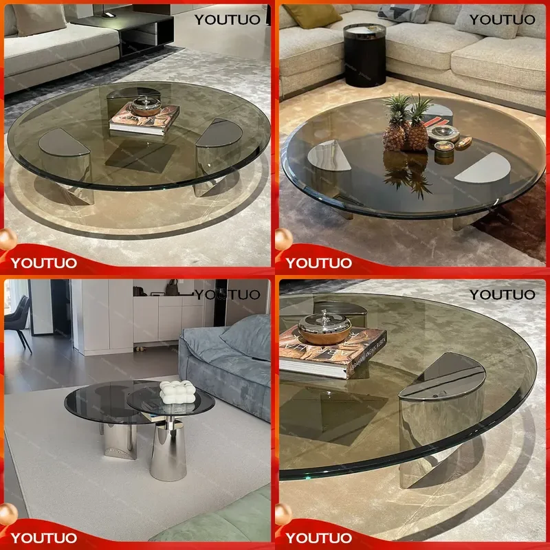 for Italian minimalist stainless steel coffee table light luxury living room modern round rectangular glass creative designer