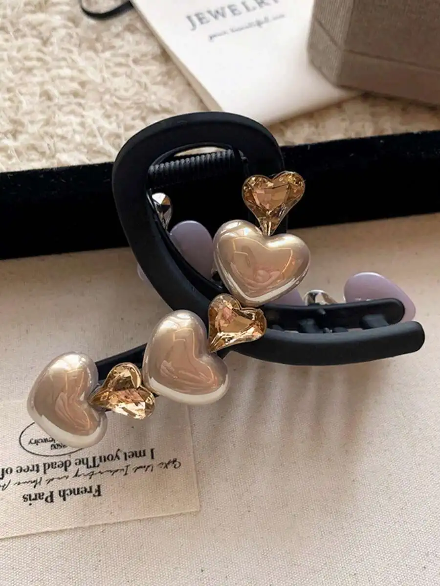 Heart Shaped Crystal Faux Pearl Hair Claw Clip For Women Elegant Daily Wear Valentines Gift
