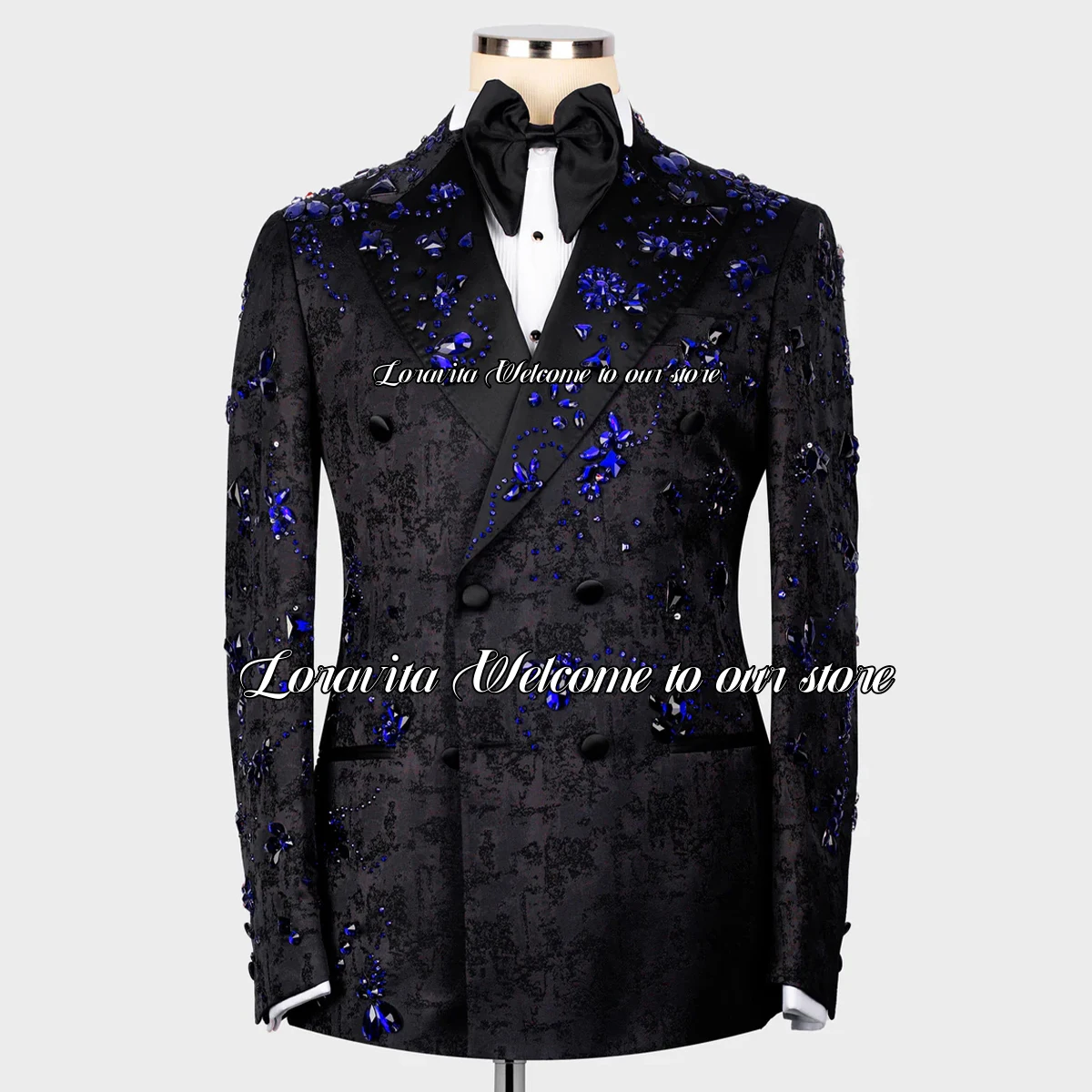 Shiny Blue Crystals Diamond Tuxedos Men Suits 2 Pieces Sets Wedding Groom Male Prom Blazers Slim Fit Dinner Party Costume Homme