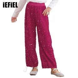Kids Girls Sequins Jazz Pants Sparkly Velvet Pants Drawstring Bottom Wide-Leg Trousers for Christmas Dance Stage Performance