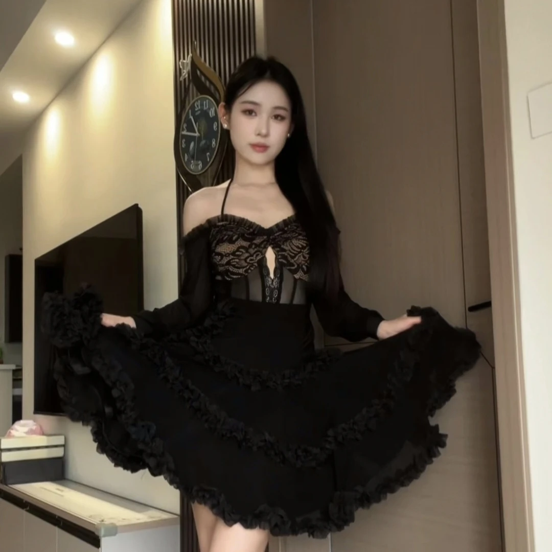 Costumes de danse latine en dentelle noire pour femmes, hauts à épaules dénudées, jupe à volants, vêtements de danse Chacha Rumba, robe de compétition de spectacle