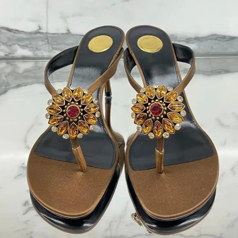 Diamond Flower Designer High Heels Flip Flops Women Summer New Brand Slippers Women Sexy Rhinestone Luxury Party Sandals Ladies image 2