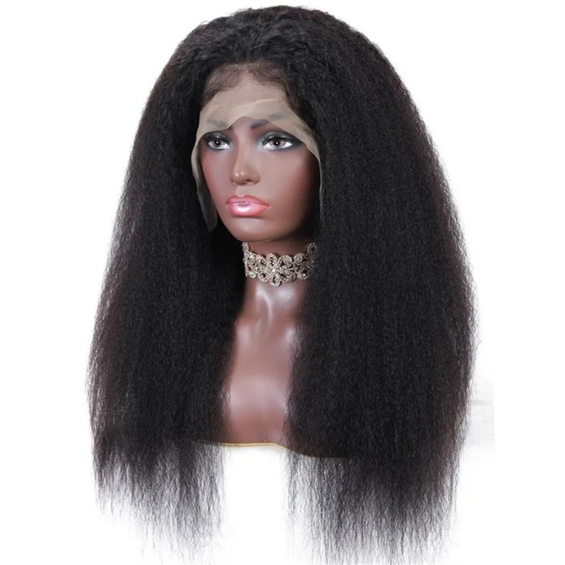 

Natural Black Kinky Straight Preplucked Yaki 180Density 26Inch Lace Front Wig For Women BabyHair Heat Resistant Glueless Daily