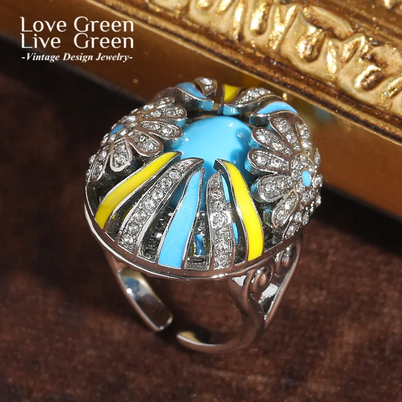 

Vintage Blue Flower Rings Silver Color Natural Enamel For Women Rhinestone Quality Luxury Jewelry Designer Gifts Party Trends