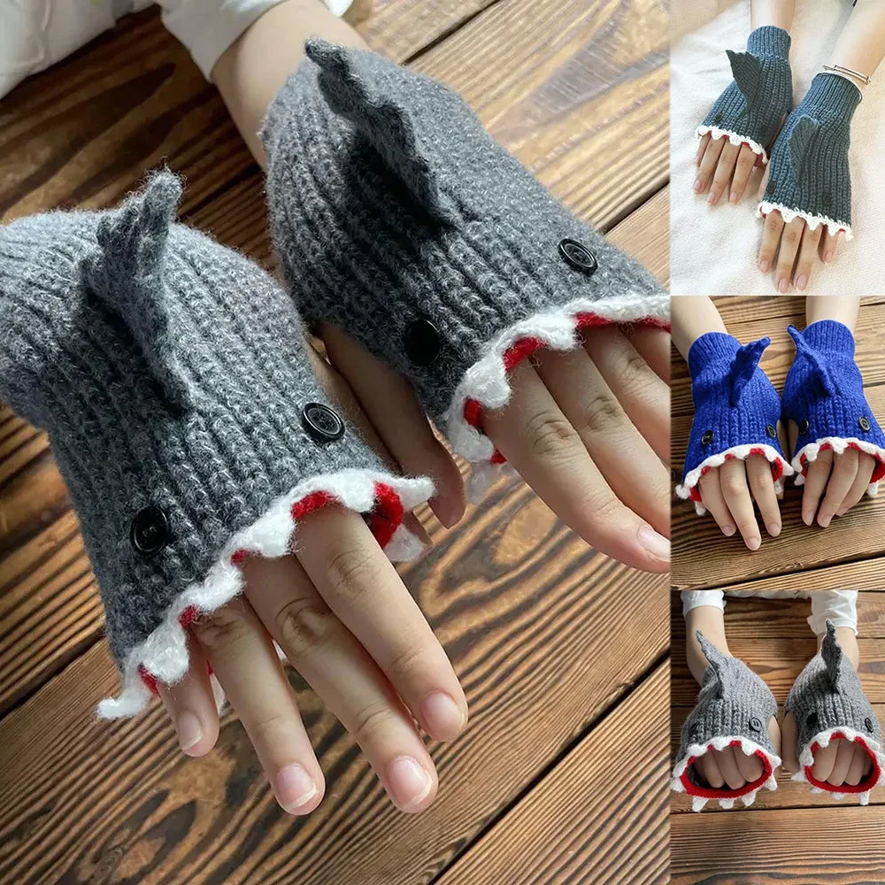 New 3D Cartoon Half Finger Gloves Shark Fish Knitted Glove Cute Novelty Unisex Winter Warm Men Women Xmas Gift Christmas Guantes