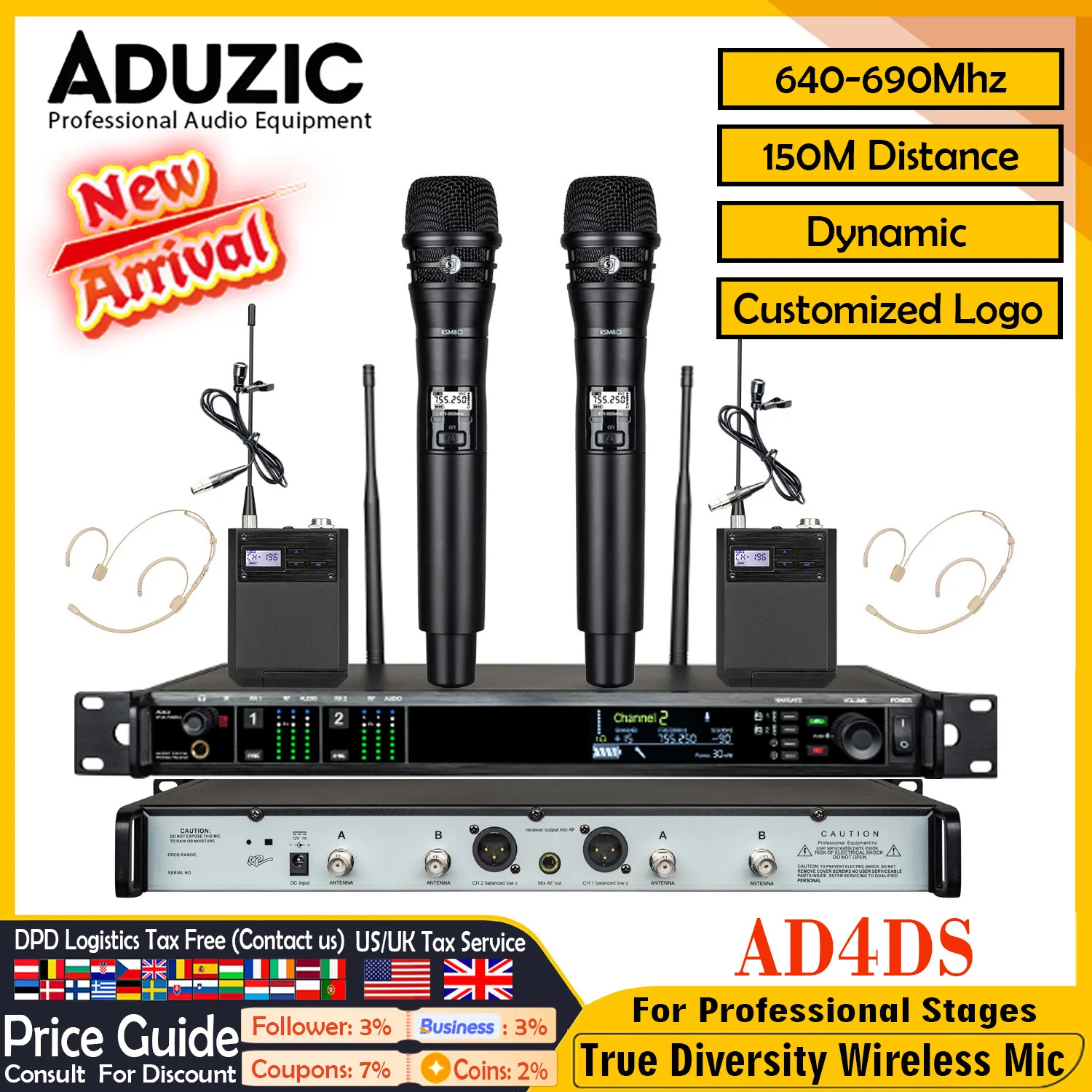 ADUZIC AD4DS True Diversity Wireless Microfone 600Mhz Mic KSM8 Dynamic Stage Wireless Microphone UHF KSM9 Capsule Radio System