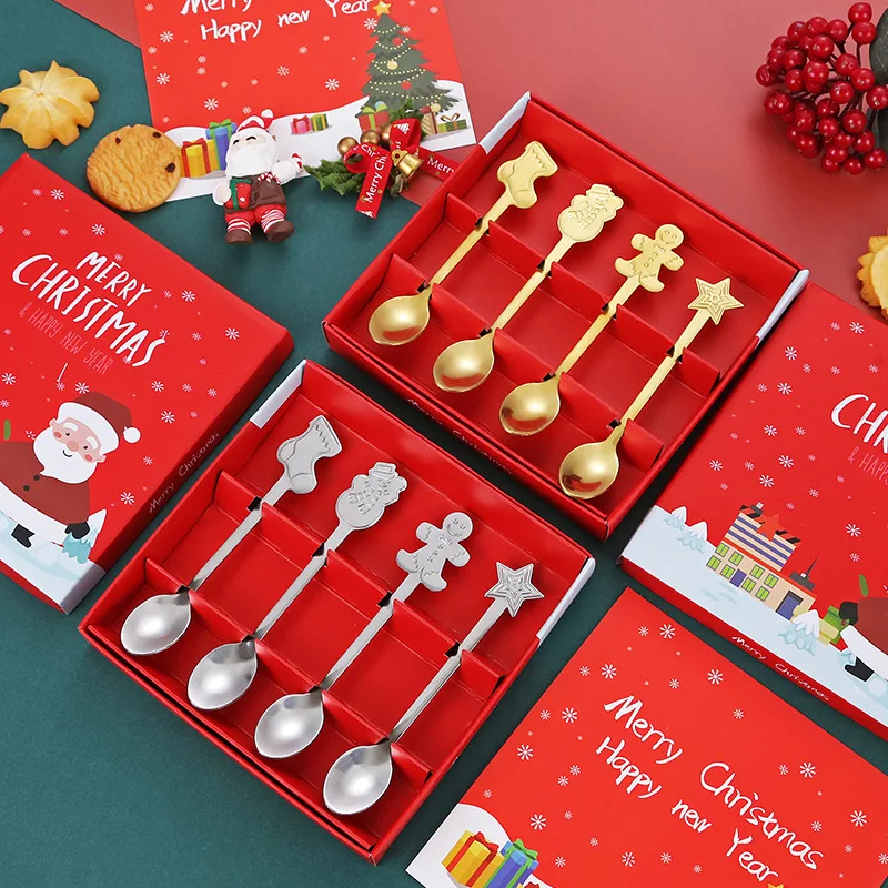 4pcs/set/1pc Home Stainless Xmas Coffee Spoons Dessert Spoon Tableware Kitchen Accessories New Year Gifts Christmas Decorations