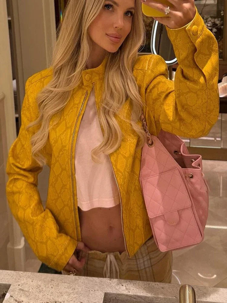 Women's Chic Snake Pattern Cropped Coat Trendy Stand Collar Faux Fur Leather Short Jacket 2026 Autumn NEW High Street Outfit