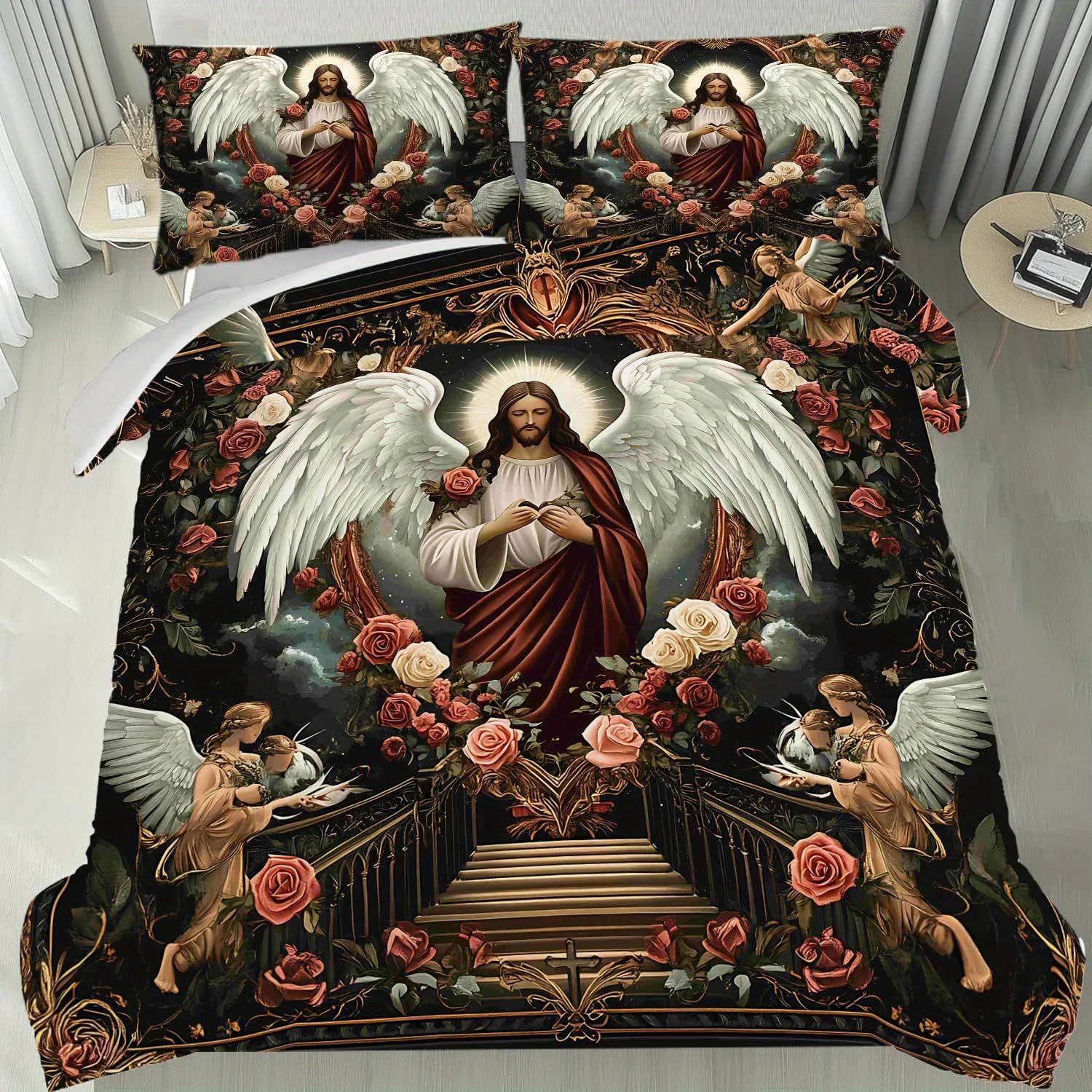 

Latacaca 3-х готический комплект пододеяльников с ангелом и розой в центре отделки Иисуса Христа — темное постельное белье с цветочным принтом черного, красного и золотого цвета