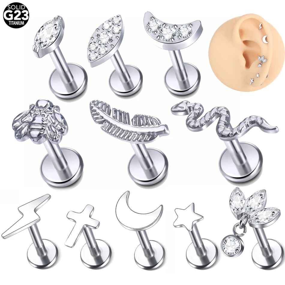 1Pc G23 Titanium Cz Labret Piercing Lip Ring Crystal Ear Cartilage Tragus Internal Thread Helix Daith Piercing Body Jewelry 16G