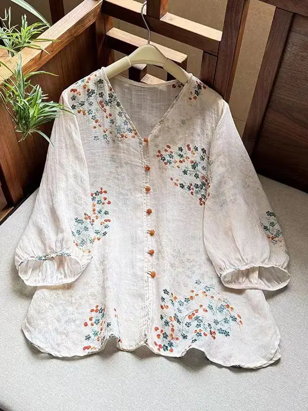 

Элегантный женский кардиган с V-образным вырезом, летний дизайн, с принтом под коноплю, повседневная тонкая рубашка свободного кроя, стандартная длина, рукав 3/4