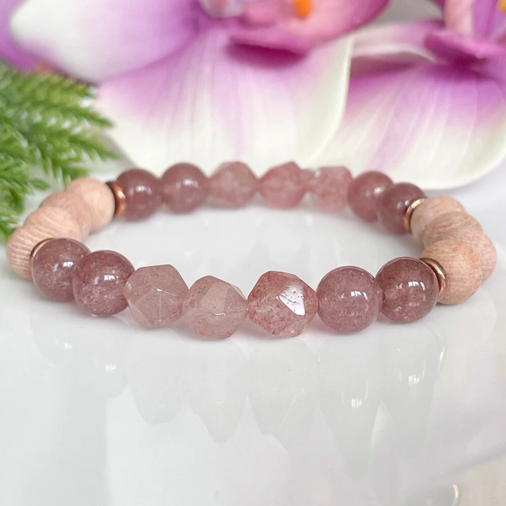 MG1788  8 MM Natural Brazil Strawberry Quartz Beaded Rosewood Bracelet Womens Healing Crystals Essential Oil Diffuser Bracelet