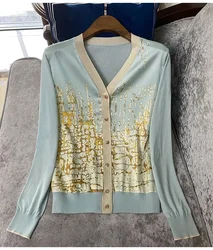 Women's Vintage Print Knitted Cardigans, Female Long Sleeve Sweaters, Patchwork Print Sweater, Knitwear Tops, European