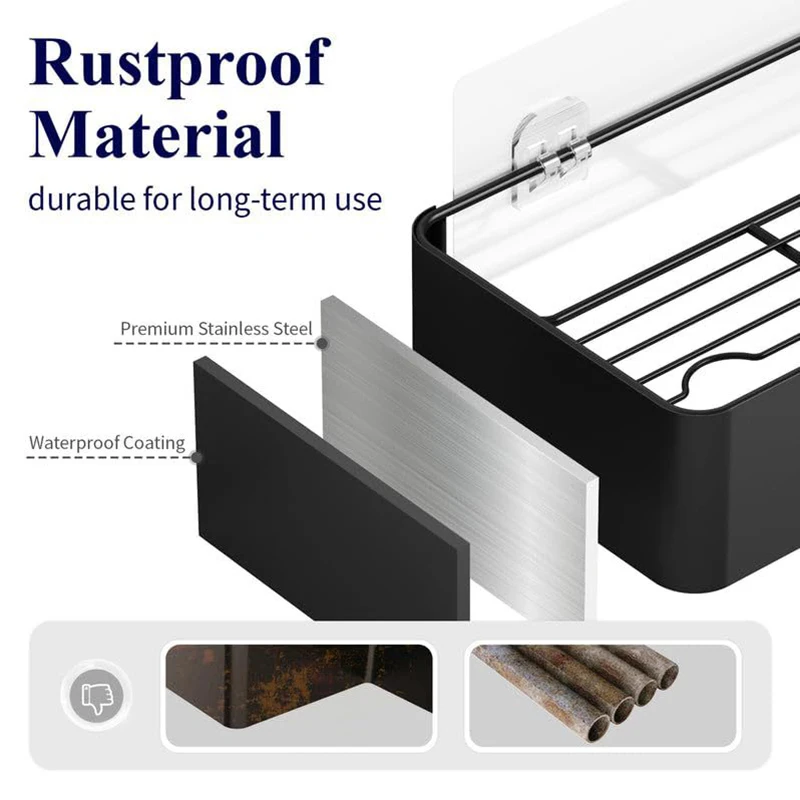 Rustproof Shower Caddy With Hook Bathroom Shelf Adhensive Kitchen Storage Organizer Rack Bathroom Accessories No Drill Shelf