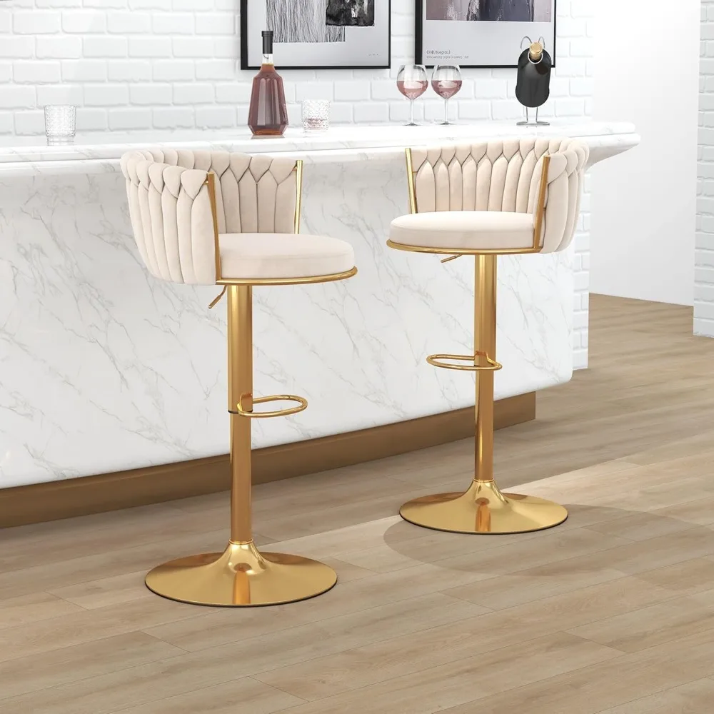 Gold Bar Stool Set of 4, Velvet Swivel Barstools, Height Adjustable Counter Stools with Woven Backrest, Upholstered Modern image 3