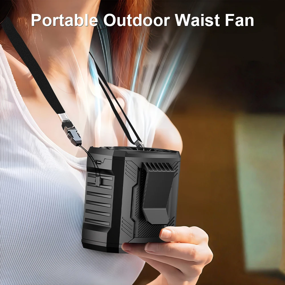 

USB перезаряжаемый вентилятор с зажимом для талии, портативный вентилятор для рубашек, 4-скоростной подвесной вентилятор для шеи с сигнальным SOS, светодиодный светильник, уличный вентилятор для кемпинга