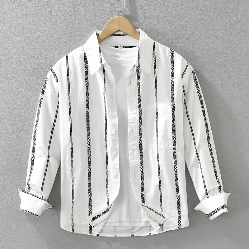 2024 Autumn New Striped shirt for Men Cotton Long Sleeve Oversize  Clothing casual fashionable Black White  M-3XL