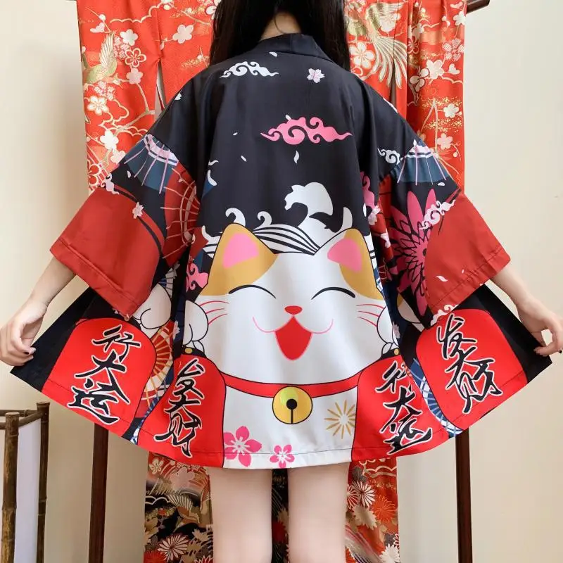 일본 고양이 프린트 하오리 기모노, 유카타 사무라이, 남성 여성 기모노, 전통 아시아 의류, 하라주쿠 가디건 셔츠, 코스프레