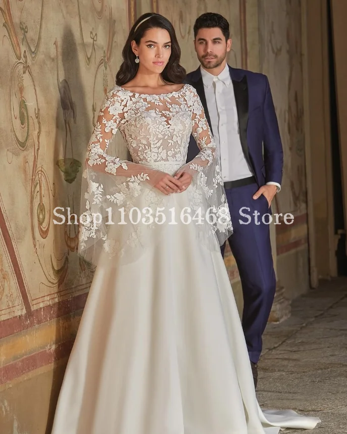 Elegantes Rundhals-Brautkleid für Frauen Luxus applikation Fee Langarm A-Linie formelle Satin Hochzeit Brautkleider