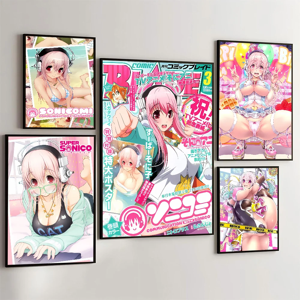 Super Sonico Manga Poster Self-adhesive Art Waterproof Paper Sticker Coffee House Bar Room Wall Decor