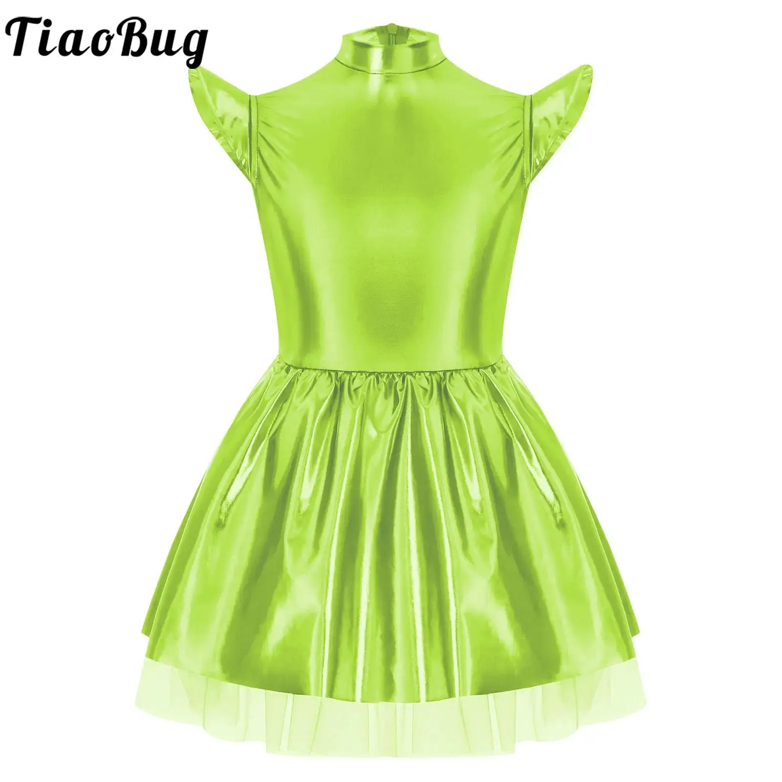 

Girls Glossy Alien Dress Up Halloween Costumes Ballet Stage Performance Fly Sleeve Zipper Ruffled Tutu Dress for Theme Party