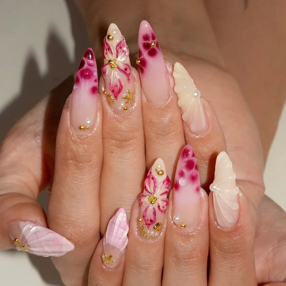 

10PCS Press on Nails Medium Almond Fake Nails With 3D Flowers And Golden Charm Design, a Gift for Women And Girls