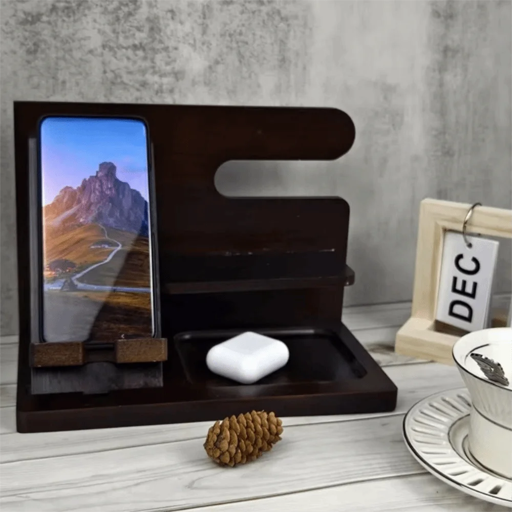 

Solid Wood Charging Phone Holder Stable Groove Design Detachable Watch Organizer Space Saving Desk Organiser