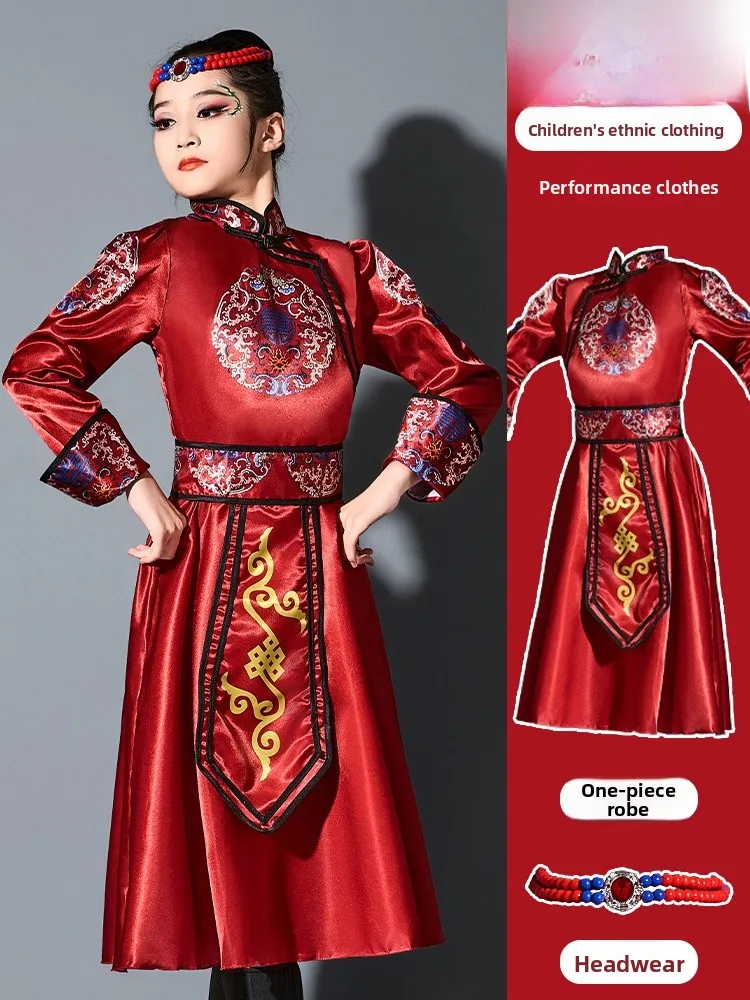 

Mongolian Ethnic Children's Clothing Red Prairie Chopstis Dance Dance Performance Outfit Summer Girls' Traditional Co...