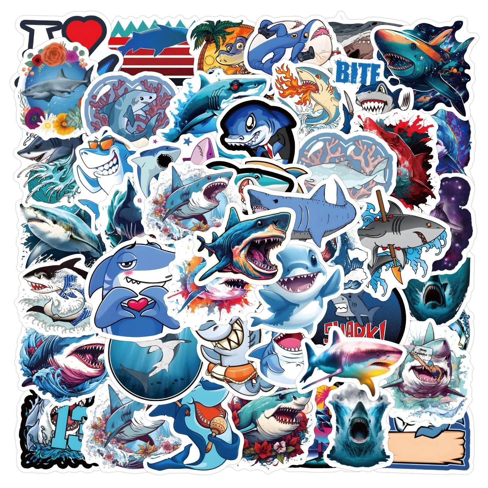 10/30/60pcs Graffiti Ocean Shark Stickers for DIY Waterproof Scrapbook Stationery Suitecase Water Bottle Phone Laptop Guitar