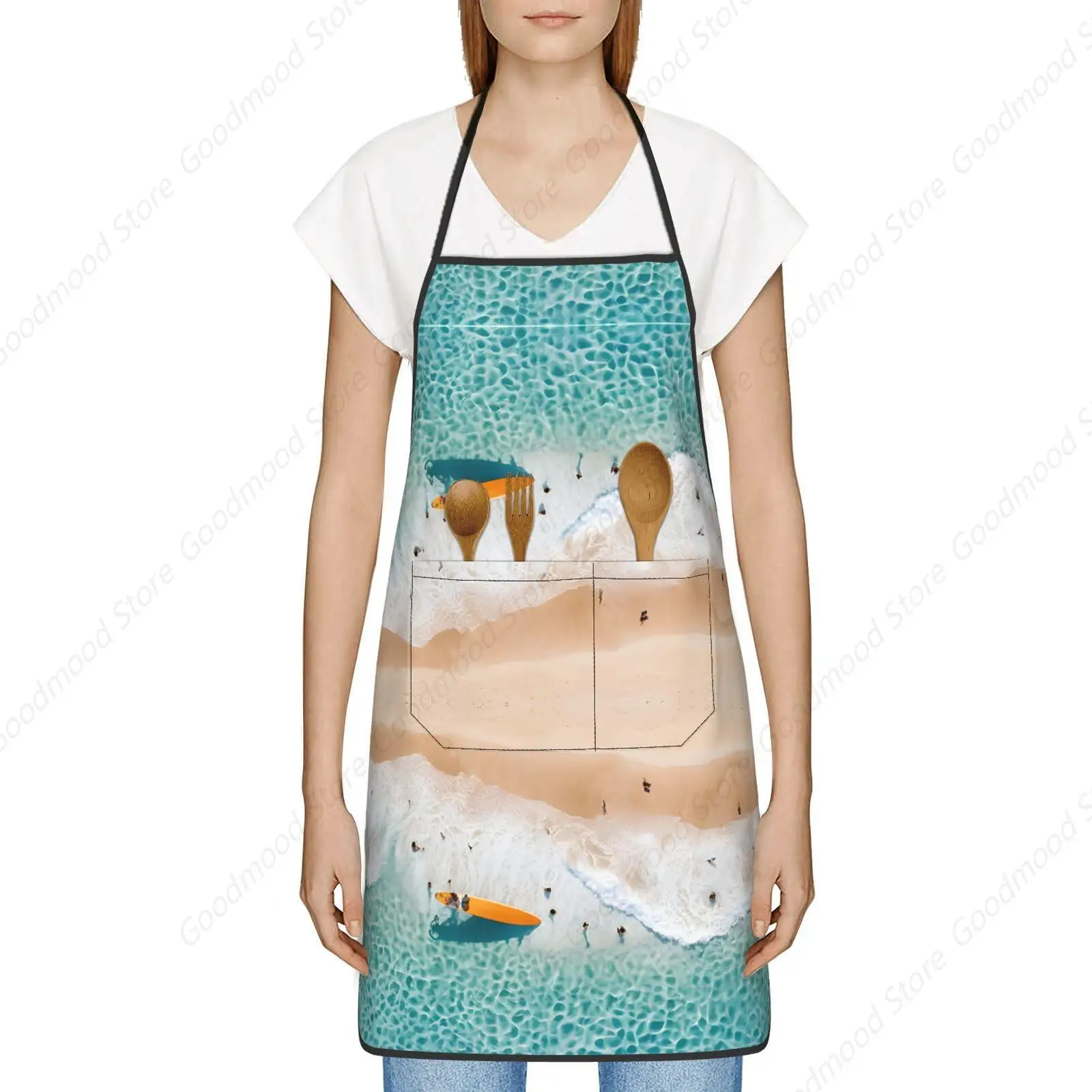 (Romantic Beach) Apron With Pockets, Kitchen Cooking, Barbecue, Artisan Men And Women'S Versatile Apron