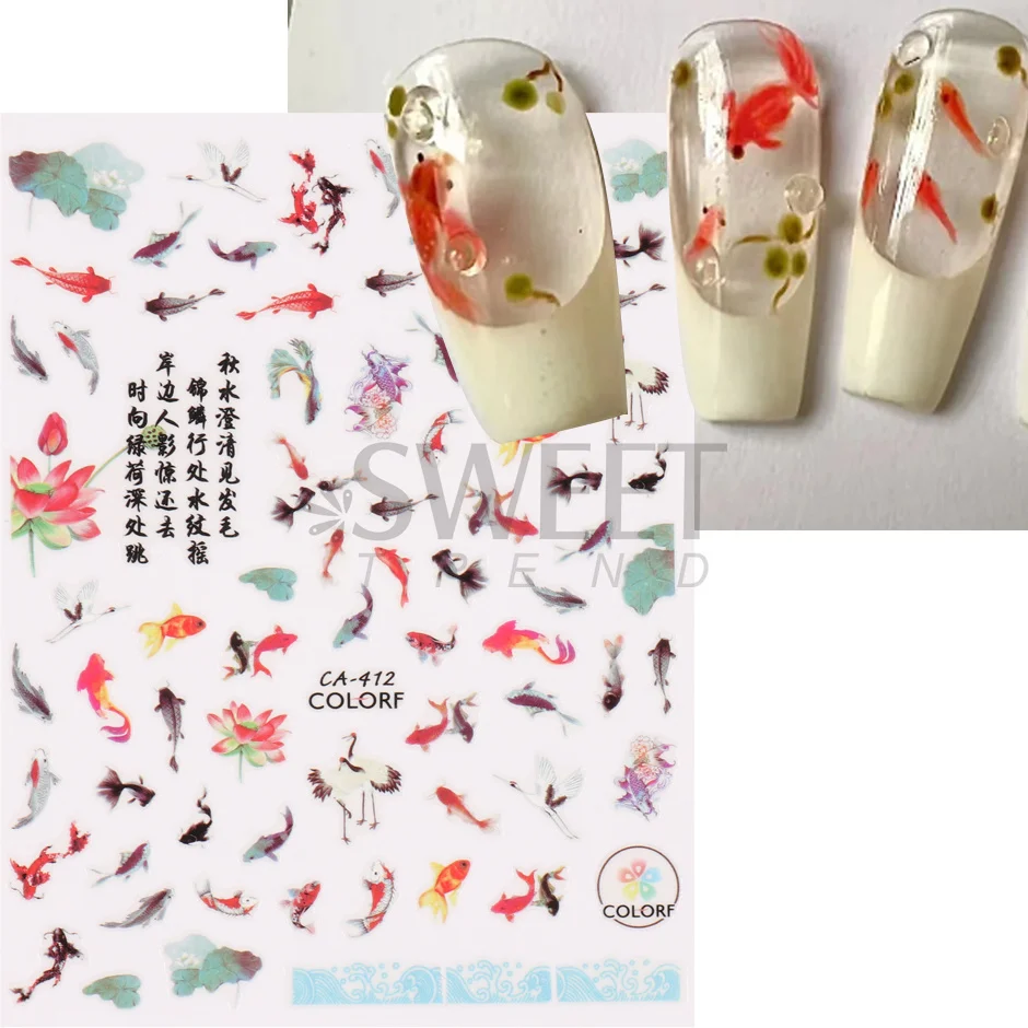 3D Gold Fish Nail Stickers Lucky Koi Vivid Lotus Chinese Ink Painting Sliders for Manicure Adhesive Design DIY Accessories Foils