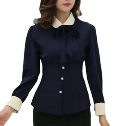 Chemisier bleu marine à manches longues pour femmes, chemise mince, chemisiers à nœud pour dames, coréen, automne, élégant, travail, bureau, mode