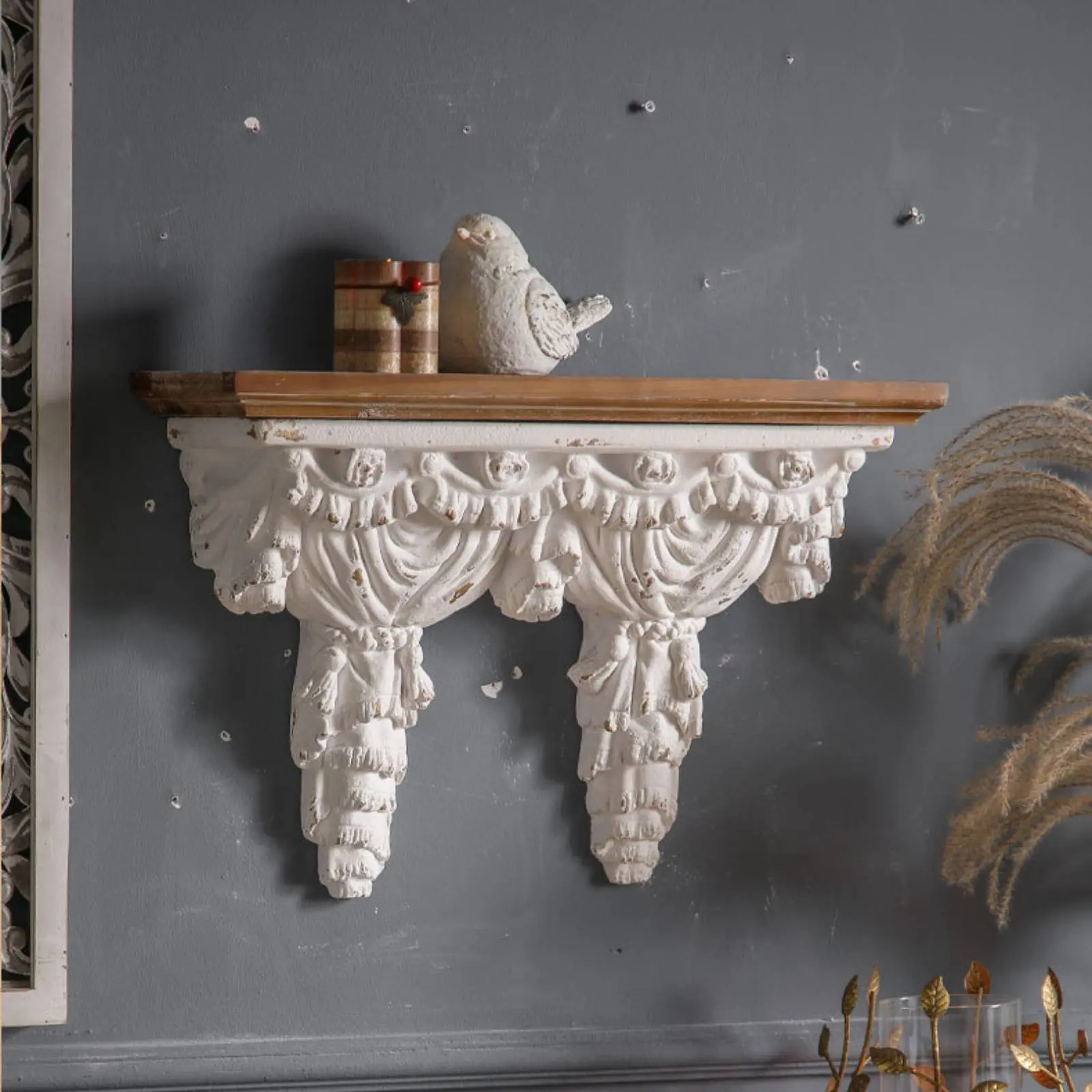 Ornate Hanging Shelf Handmade Medieval Trinket Shelf Decorative Wall Ledge Distressed Finish French Design
