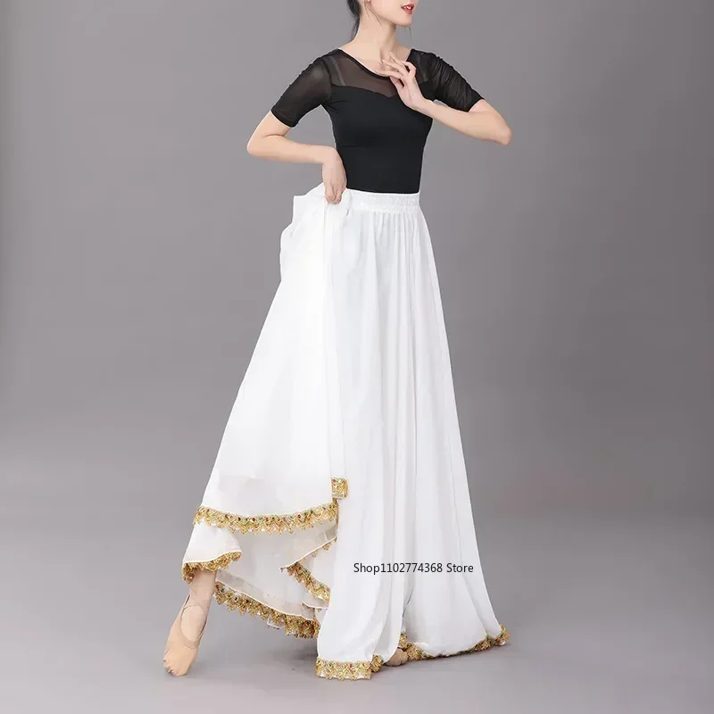 Flamenco-Tanzrock für Damen, 720-Grad-Chiffon, einfarbig, langer Bauch, Swing-Rock, zum Üben von Zigeunern, langer Rock, Tanzaufführung