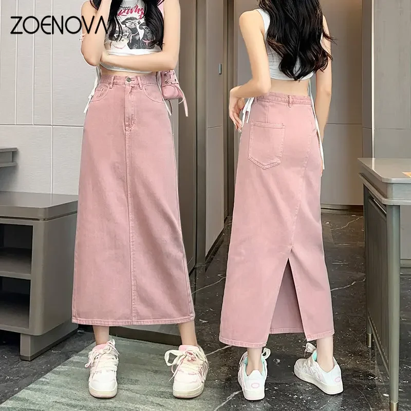 ZOENOVA Clacive Vintage Loose Chic Skirts for Women Elegant High Waist Causal Lady Fashion Pink Denim Skirts Female Clothing