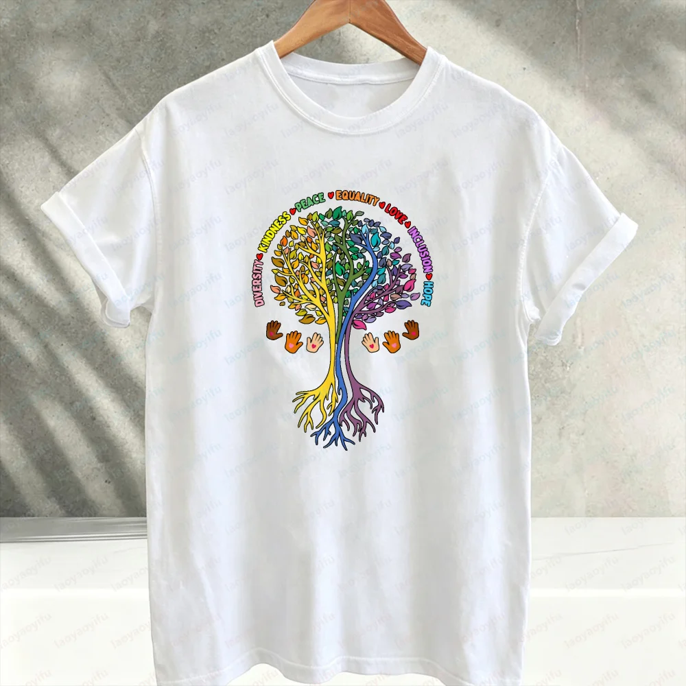 Peace Love Equality Diversity Inclusion Tree of Life Graphic T‑Shirt Colorful Unity Hand Art Print Cotton Casual Streetwear Tees
