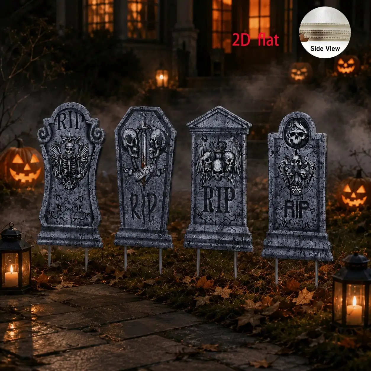 4pcs Halloween Tombstone Yard Stake Set, 2D Flat Graveyard Lawn Decorations With 8 Ground Stakes, Outdoor Halloween Props For Garden, Porch, Yard, Party And Holiday Atmosphere Decor