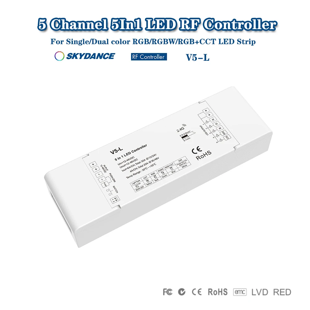 

Skydance V5-L DC12-48V 5CH*6A 5in1 RF 2.4GHzRF + Push Dim Controller For Single/Dual color RGB/RGBW/RGB+CCT LED Strip Light