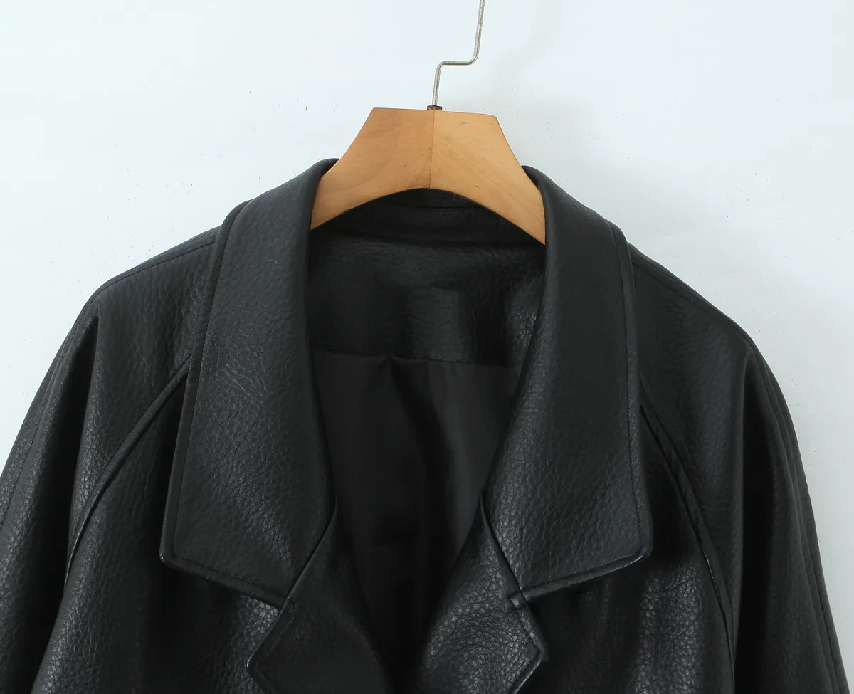 2025 아메리칸 레트로 여성 브라운 PU 가죽 재킷 노치드 더블 브레스티드 버튼 풀 슬리브 오버사이즈 코트 루즈 아우터웨어