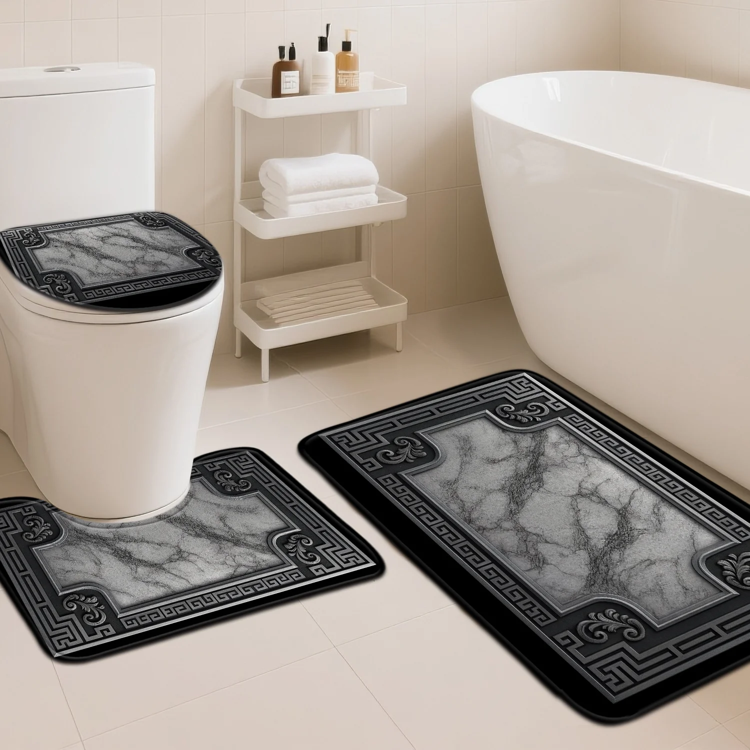 Luxury Marble Bath Mat Set for Bathroom Decor Waterproof Greek Key Rugs Mat Set Home Decor