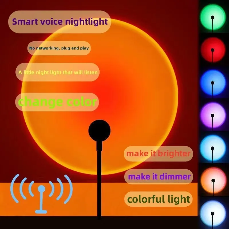 USB Sunset Projection Lamp Voice Control 7 Color Changing LED Night Light Flexible Gooseneck Bedroom Wall Decor Mood Lighting