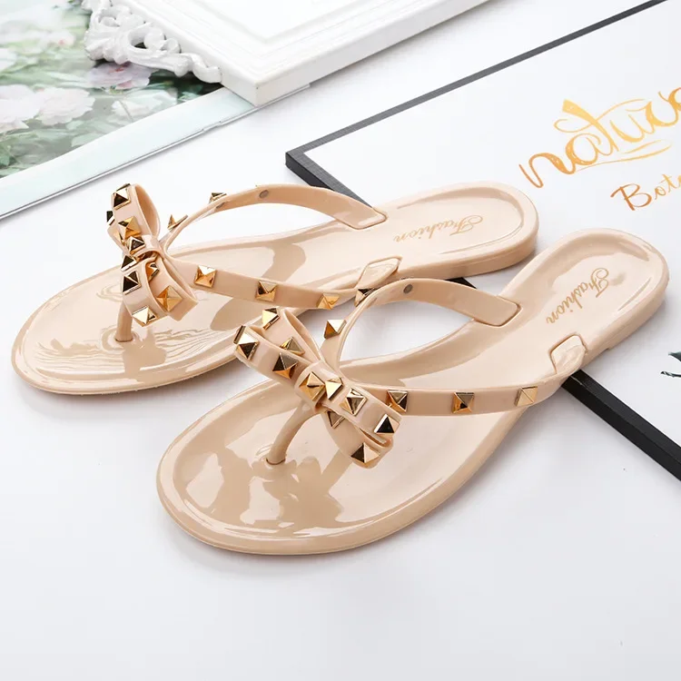 

2022 Hot Sale Fashion Women's Flip Flops Summer Shoes Cool Beach Rivet Big Bow Flat Sandals Jelly Shoes Sandals Girls Size 36-42