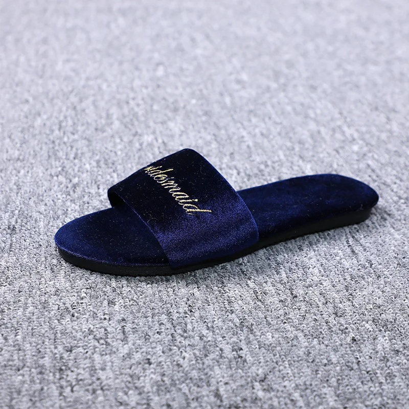 Autumn Winter Velvet Women Slippers Embroidery Bride Bridesmaid Wedding Flat Slippers Summer Shoes Sandal Zapatos De Mujer