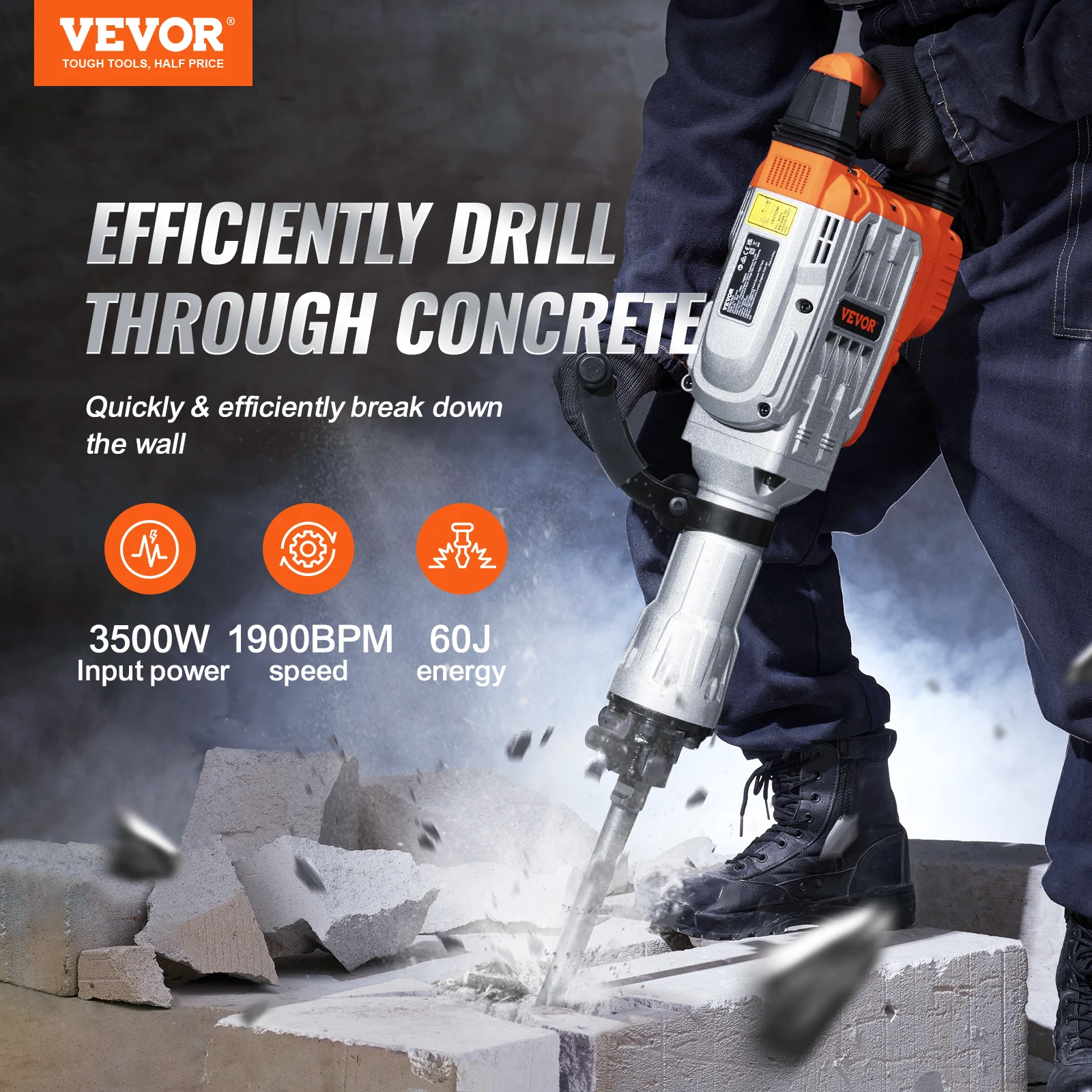 VEVOR 1700W Demolition Jack Hammer 60J Electric Jackhammer Concrete Breaker with 2 Chisel Bits for Trenching and Breaking Holes