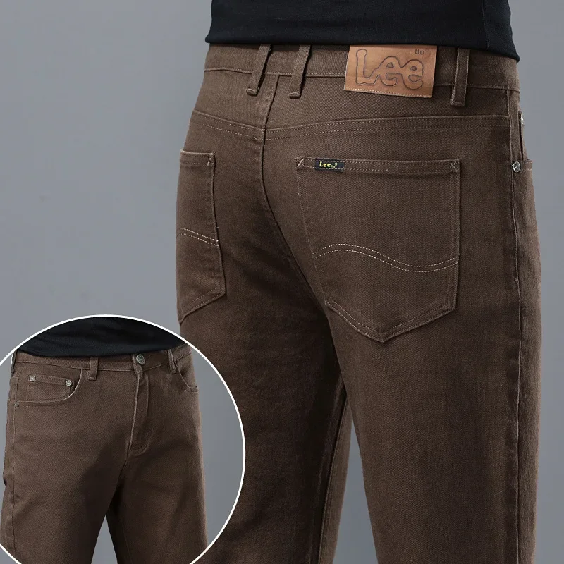 ارتفاع الخصر لون القهوة الرجال الجينز عادية مستقيم الساق مطاطا سليم صالح الخريف الشتاء نمط جديد خفيفة الوزن الفاخرة الترفيه #3