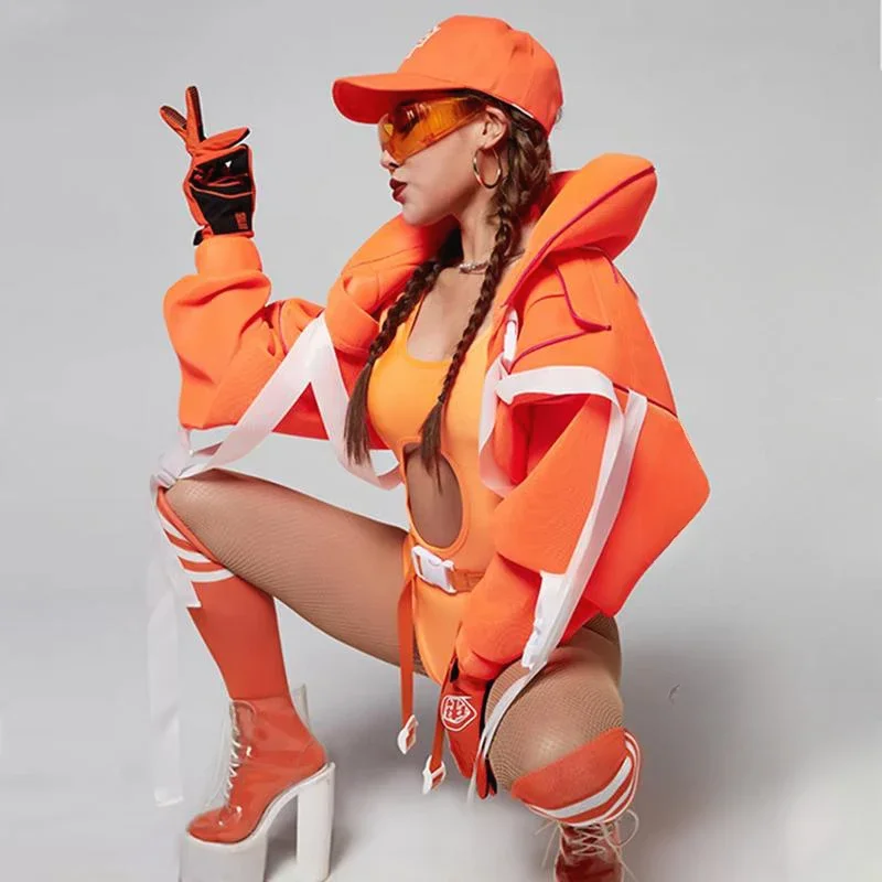 بدلة رقص الجاز الهيب هوب ملهى ليلي Dj Ds ملابس عرض الحفلات الهذيان الزي سترة برتقالية بدلة راقصة مثيرة من Gogo
