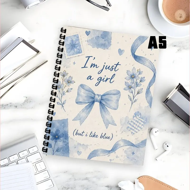 1PC A5 Spiral Notebook for Women, Watercolor Light Blue Bow Floral Aesthetic Notebook for Work, Meeting Notes, To Do List