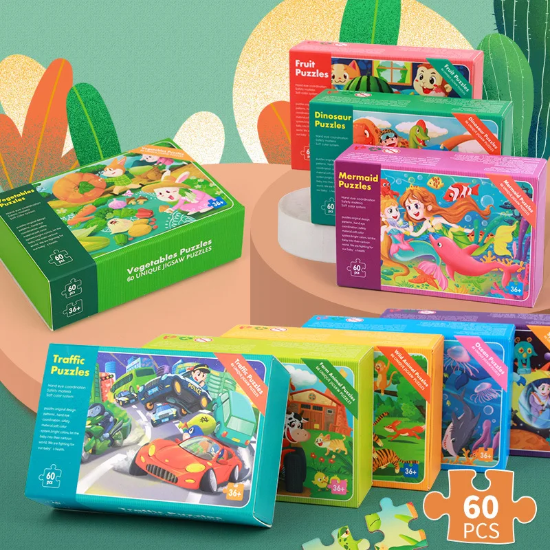 60 sztuk papierowe puzzle Cartoon zwierząt przestrzeń owoce układanka dla dzieci nauka gry edukacyjne zabawki dla dzieci puzzle Montessori